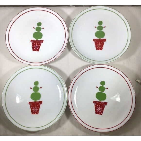 Christmas Tree Snowman Green Red Appetizer Plates Set of 4 Starbucks - Picture 2 of 3